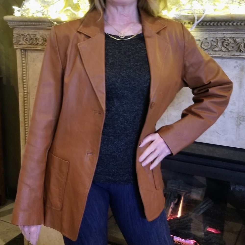 Metrostyle Tan/Brown Genuine Leather Blazer/Jacket, Size 12 Like New barely worn